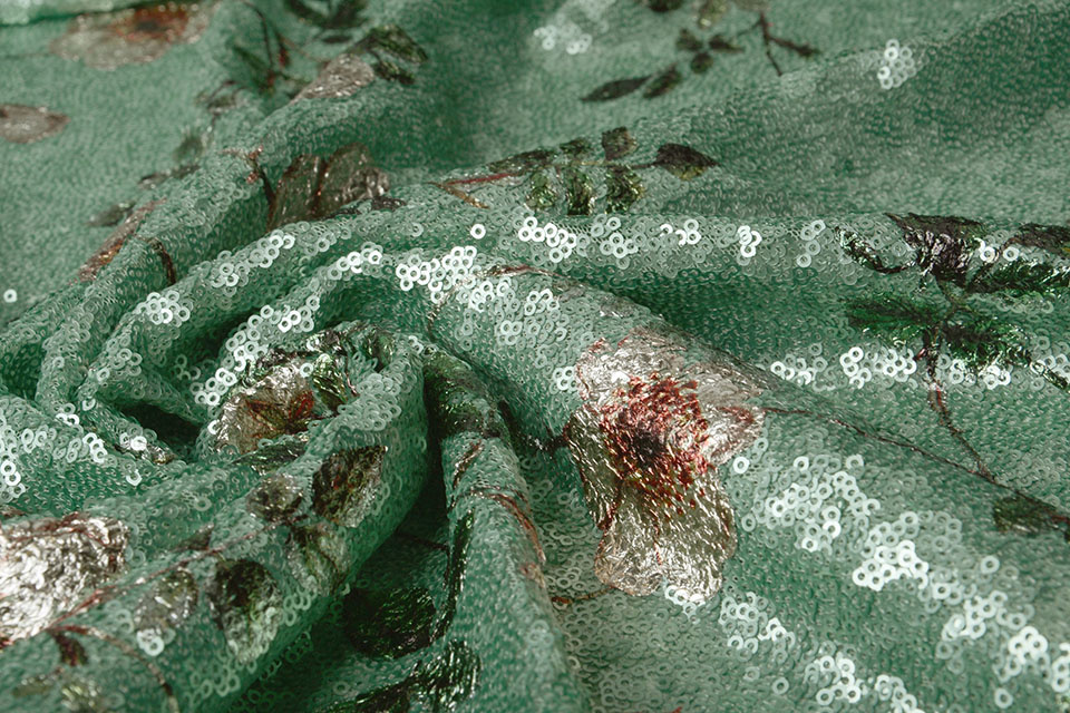 Sequins Embroidered Anemone Old Green