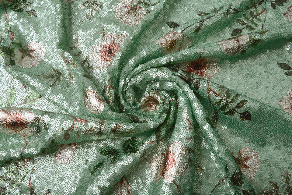 Sequins Embroidered Anemone Old Green
