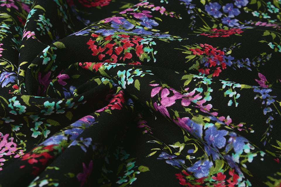 Viscose Linen Spring Flowers Black