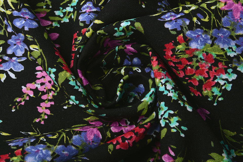 Viscose Linen Spring Flowers Black