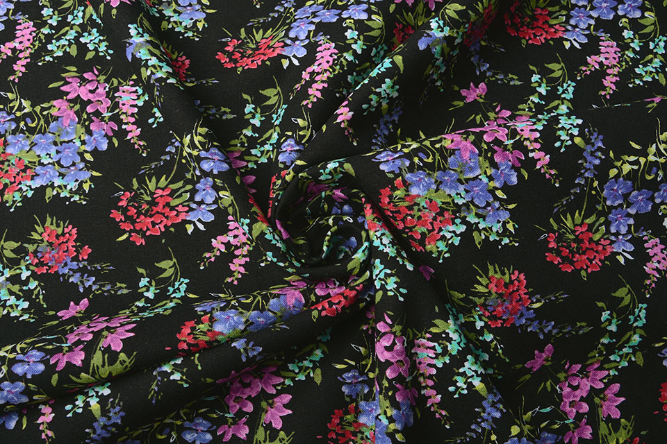Viscose Linen Spring Flowers Black