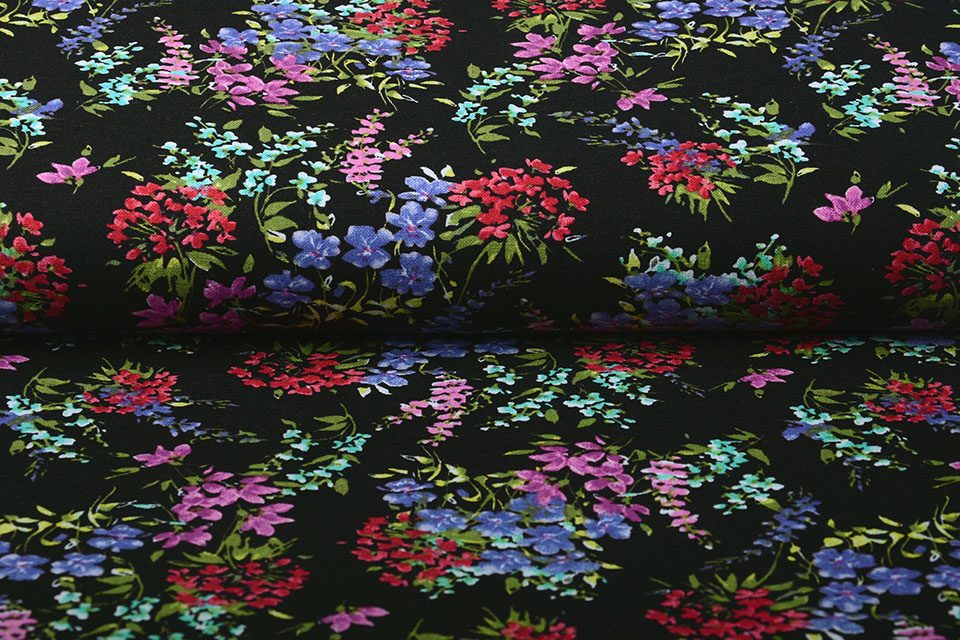 Viscose Linen Spring Flowers Black
