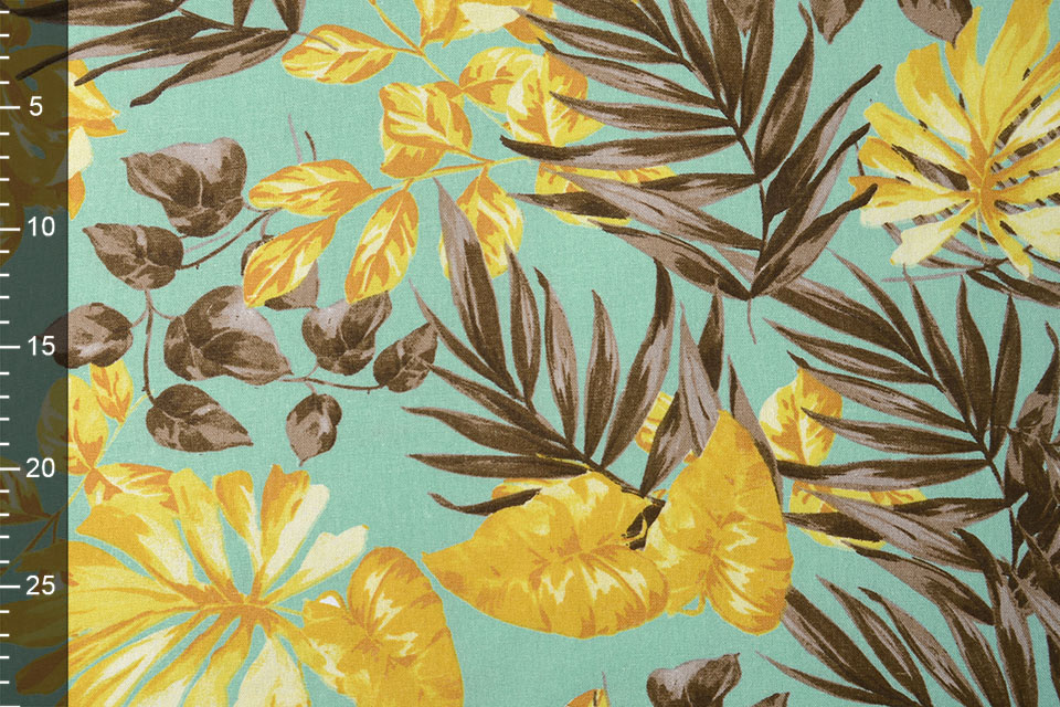 Viscose Linnen Tropical Leaves Licht Turquoise