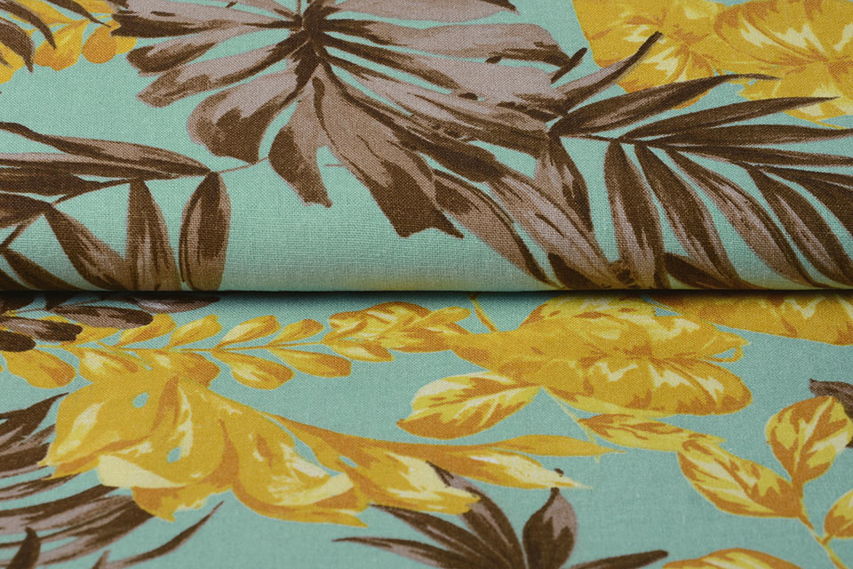 Viscose Linnen Tropical Leaves Licht Turquoise