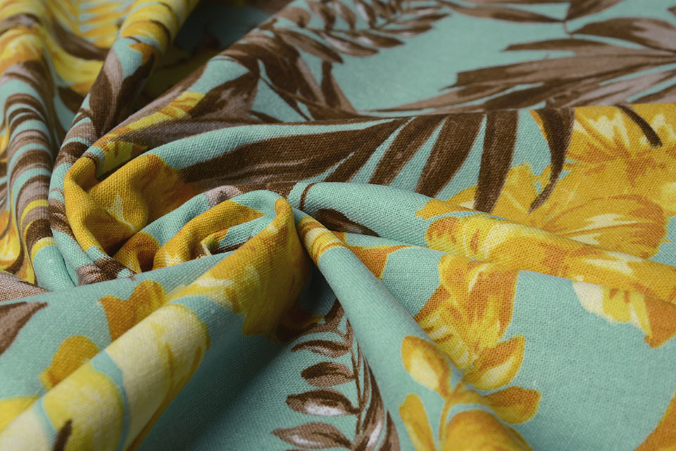 Viscose Linnen Tropical Leaves Licht Turquoise