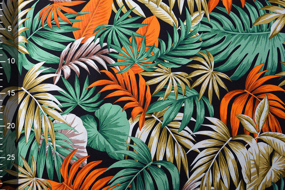 100% Viscose Tropical Leaves Black