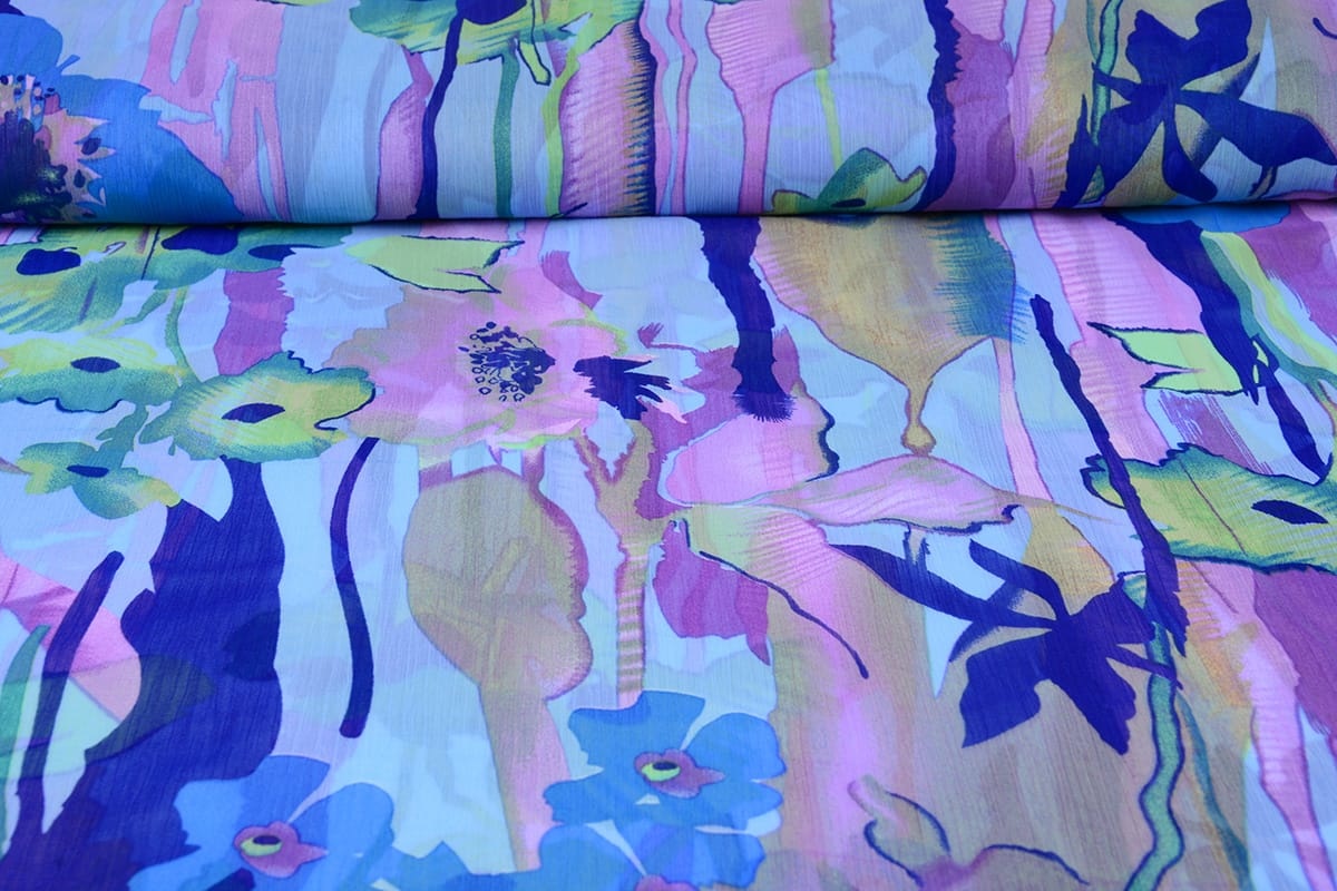 Chiffon Printed Flowers Blue Purple