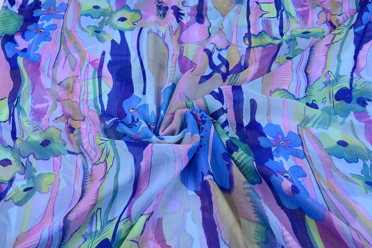 Chiffon Printed Flowers Blue Purple