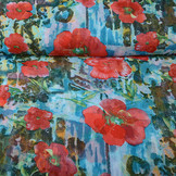 Chiffon Bedrukt Bliss Rode Bloemen Aqua