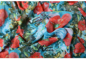 Chiffon Printed Bliss Red Flowers Aqua