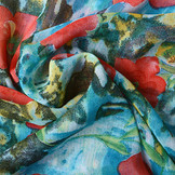 Chiffon Bedrukt Bliss Rode Bloemen Aqua