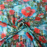Chiffon Printed Bliss Red Flowers Aqua