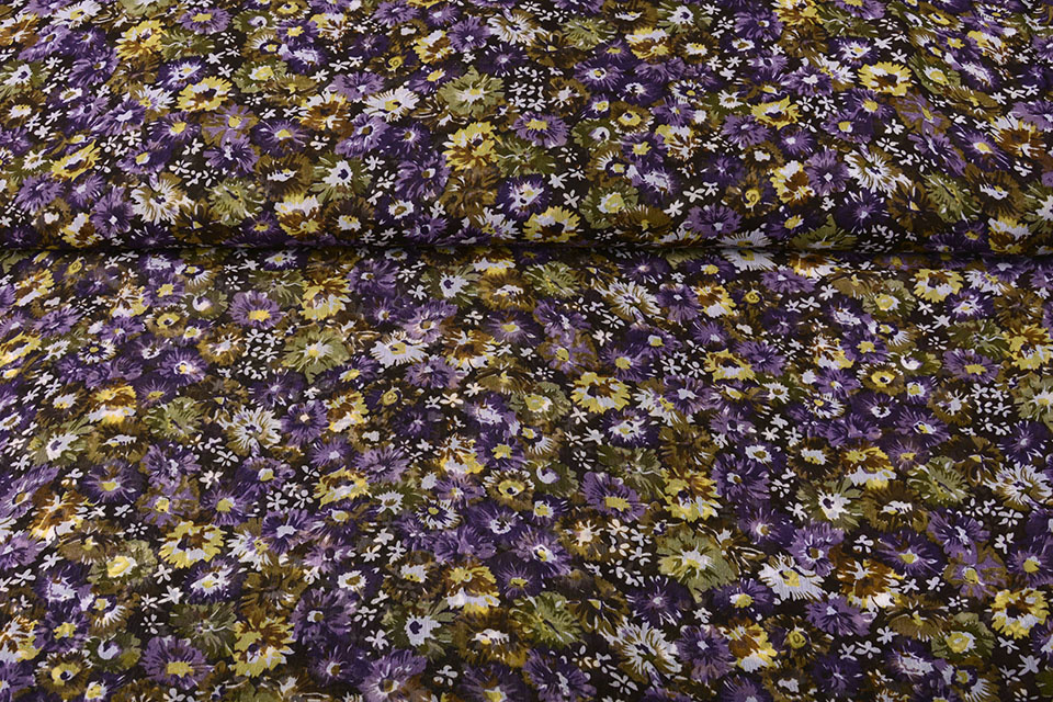Chiffon Bedrukt Freya Bloemen Paars-Oud Groen