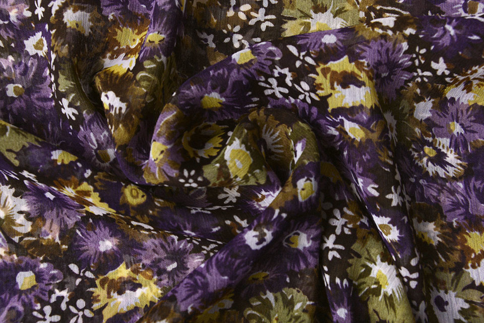 Chiffon Bedrukt Freya Bloemen Paars-Oud Groen