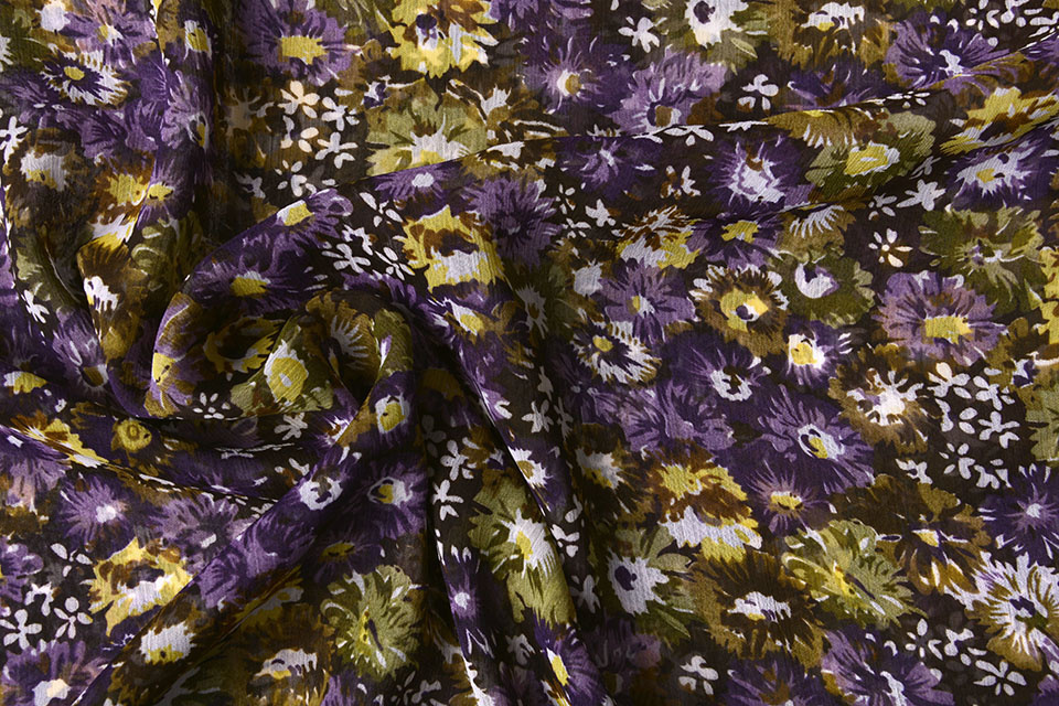 Chiffon Bedrukt Freya Bloemen Paars-Oud Groen