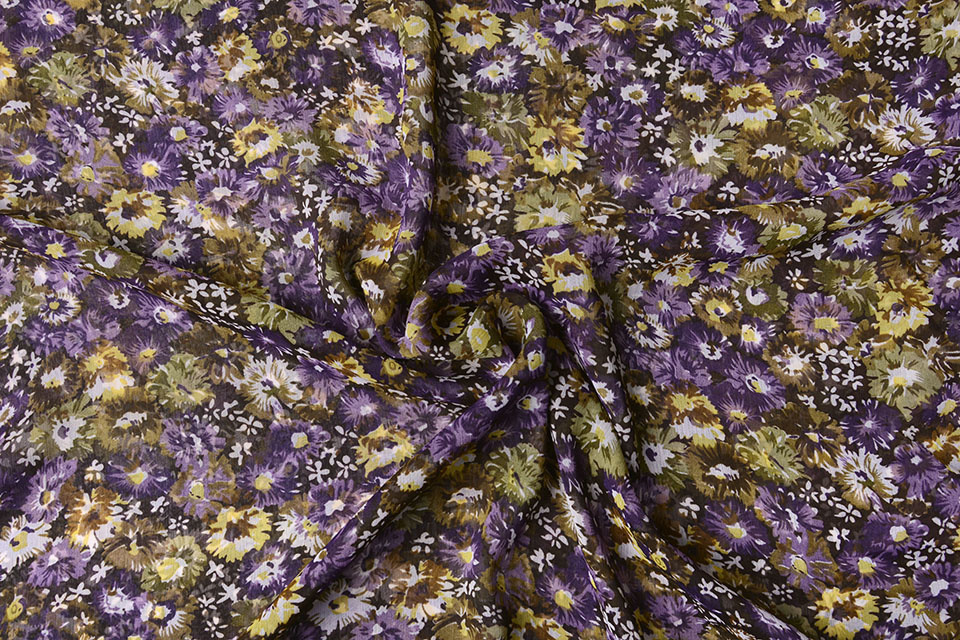 Chiffon Bedrukt Freya Bloemen Paars-Oud Groen