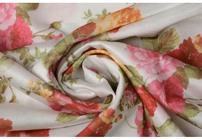 Jersey Satijnbinding Roze Rozen Off-White