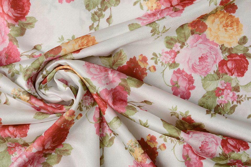 Jersey Satin Binding Pink Roses Off White - YES Fabrics