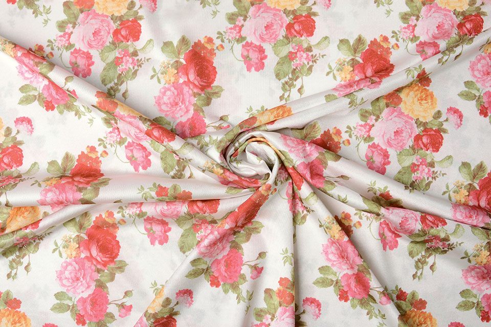 Jersey Satinbindung Rosa Rosen Off-White