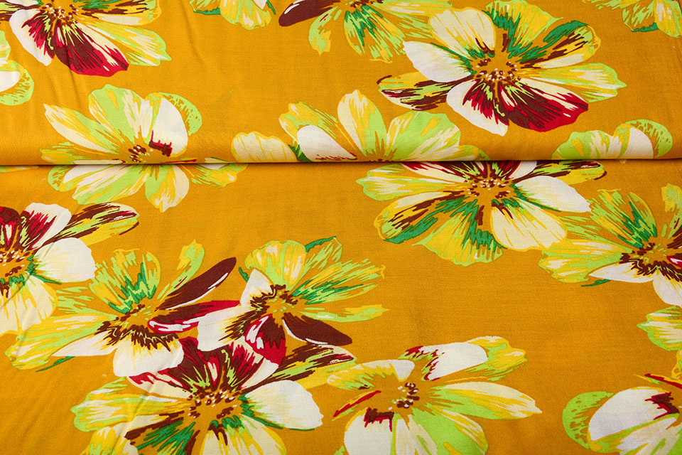 100% Viscose Big Flower Ocher Yellow