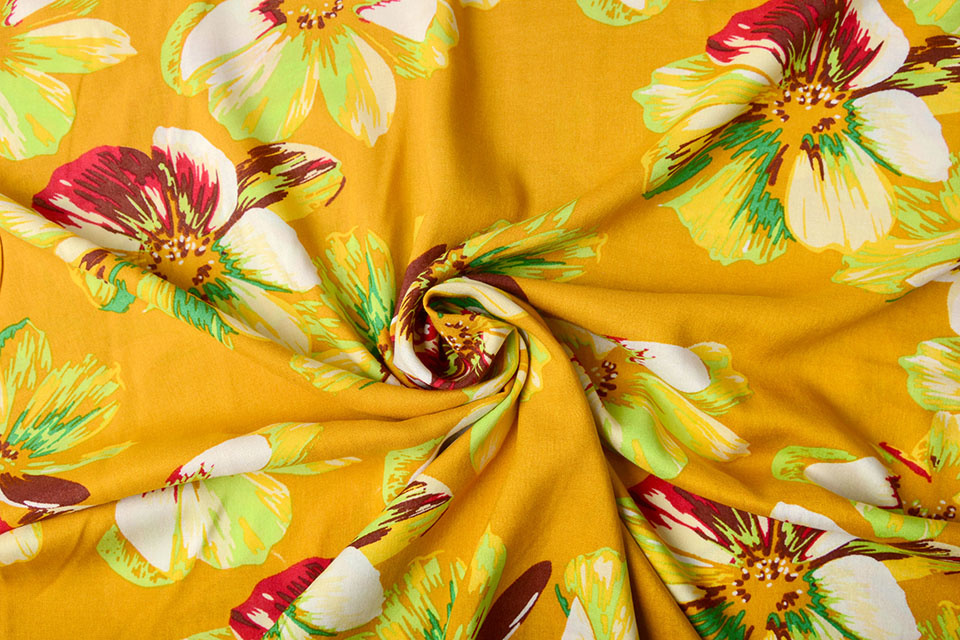 100% Viscose Big Flower Ocher Yellow