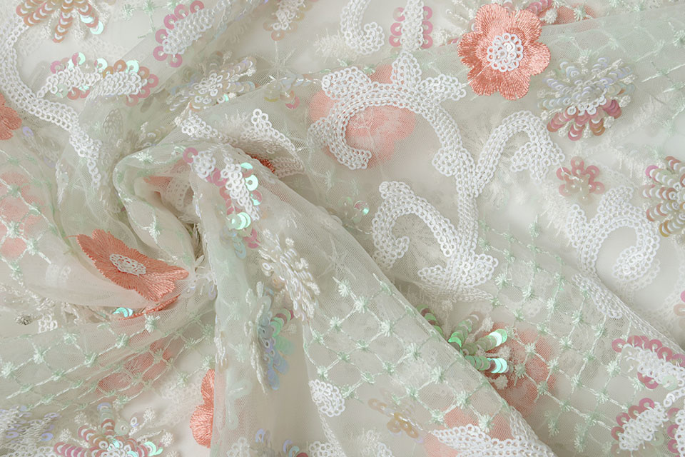 Mesh Geborduurd Pailletten Romy Koraal Mint