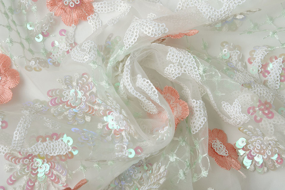 Mesh Geborduurd Pailletten Romy Koraal Mint