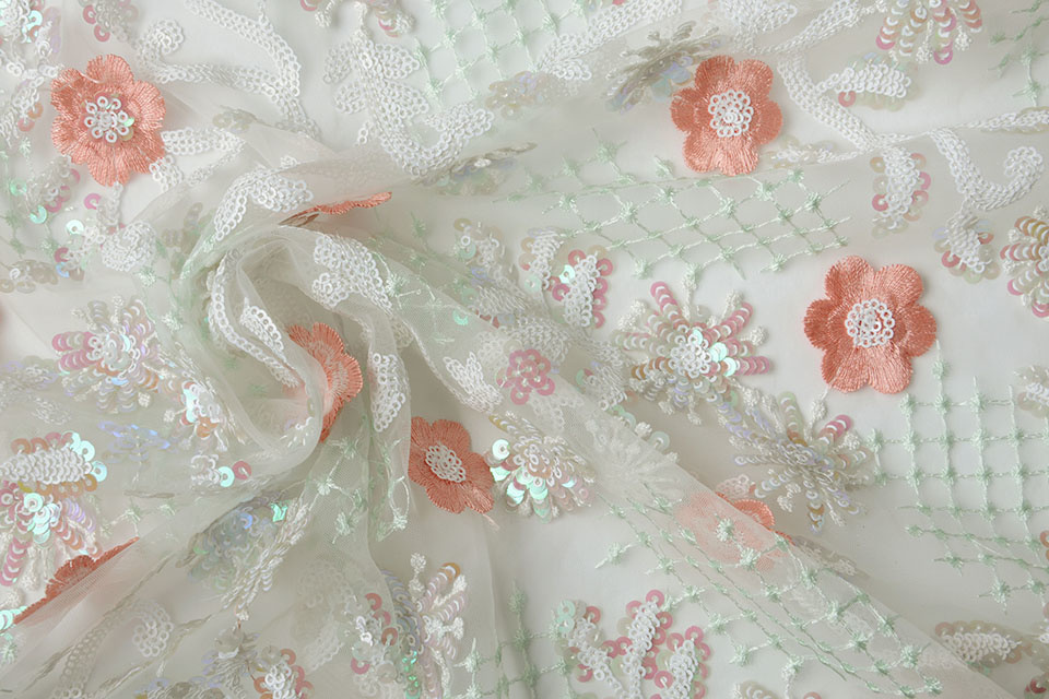Mesh Geborduurd Pailletten Romy Koraal Mint