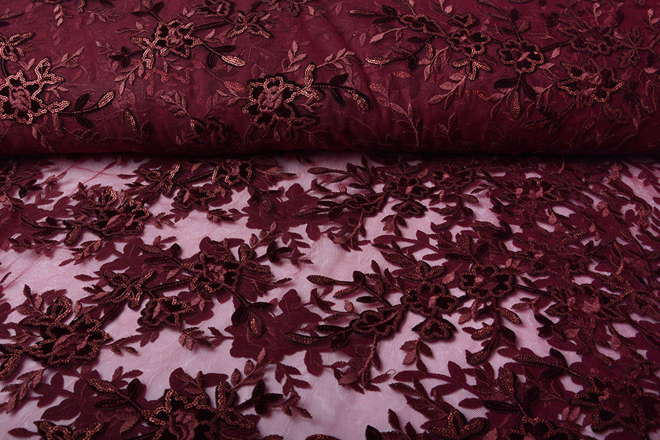Netz Bestickt Samt Pailletten Bordeaux