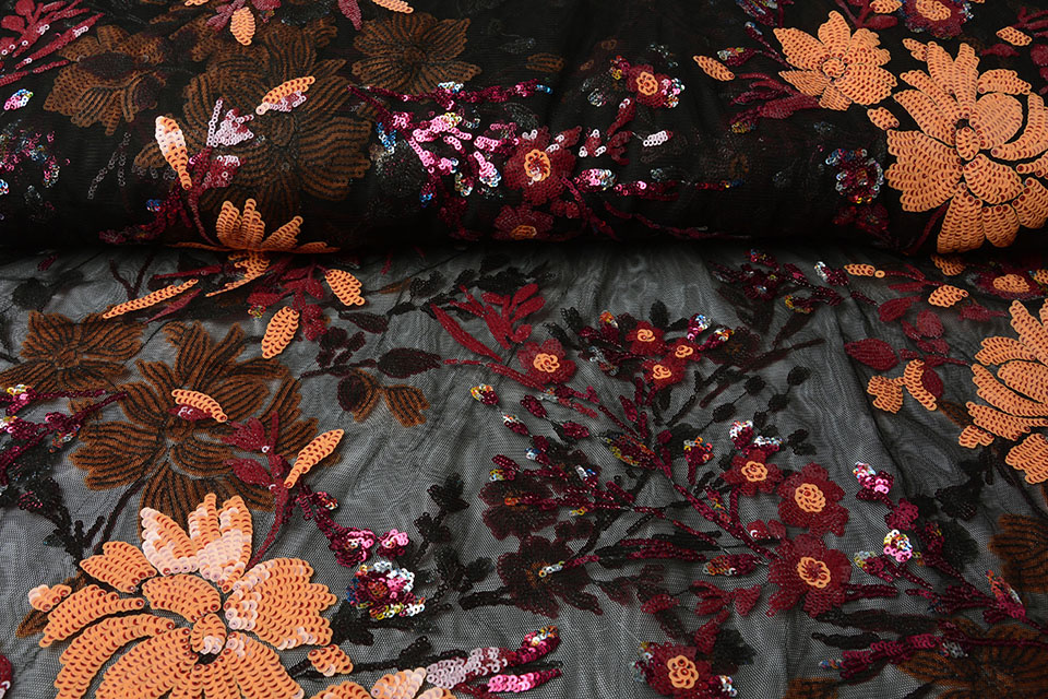 Mesh Embroidered Sequins Ivy Red Orange