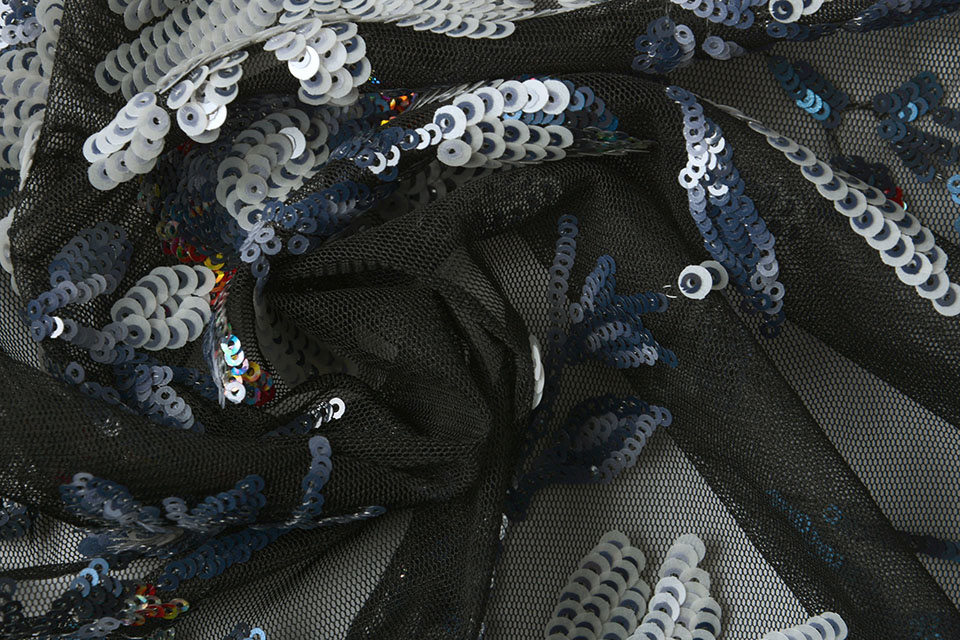 Mesh Embroidered Sequins Ivy Blue White