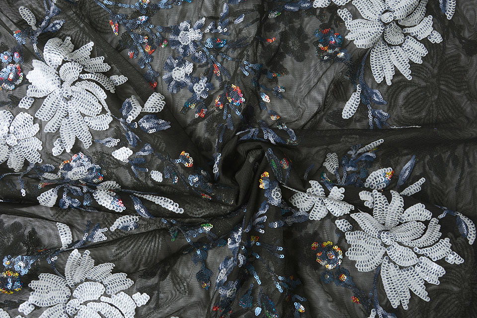 Mesh Embroidered Sequins Ivy Blue White