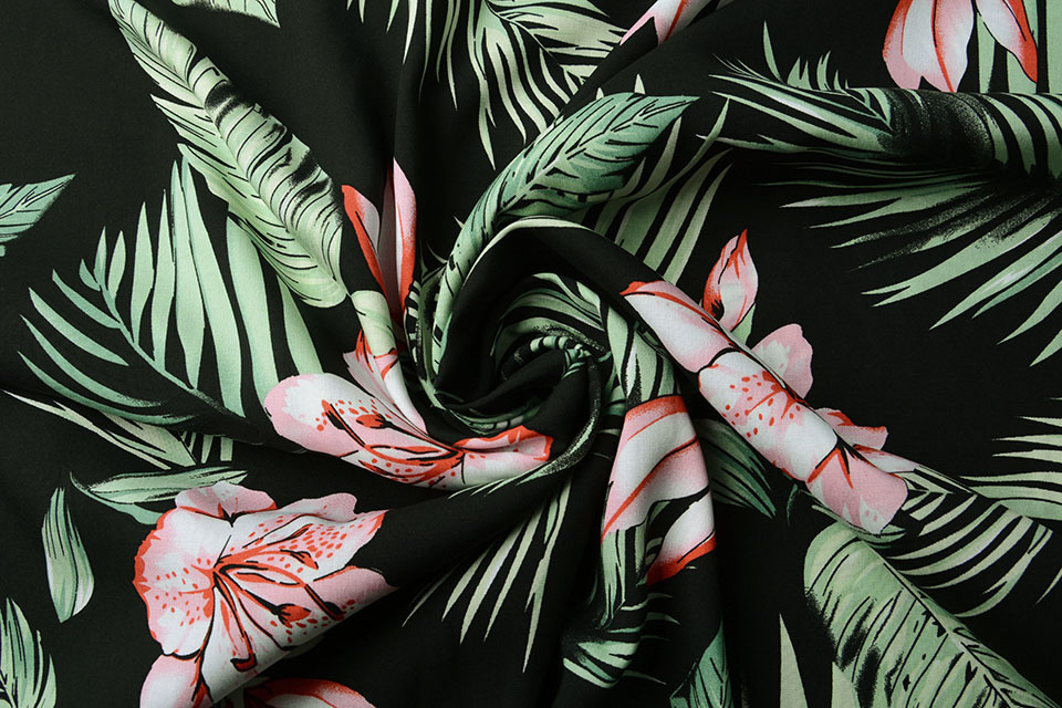 100% Viscose Fiji Leaves Black - YES Fabrics