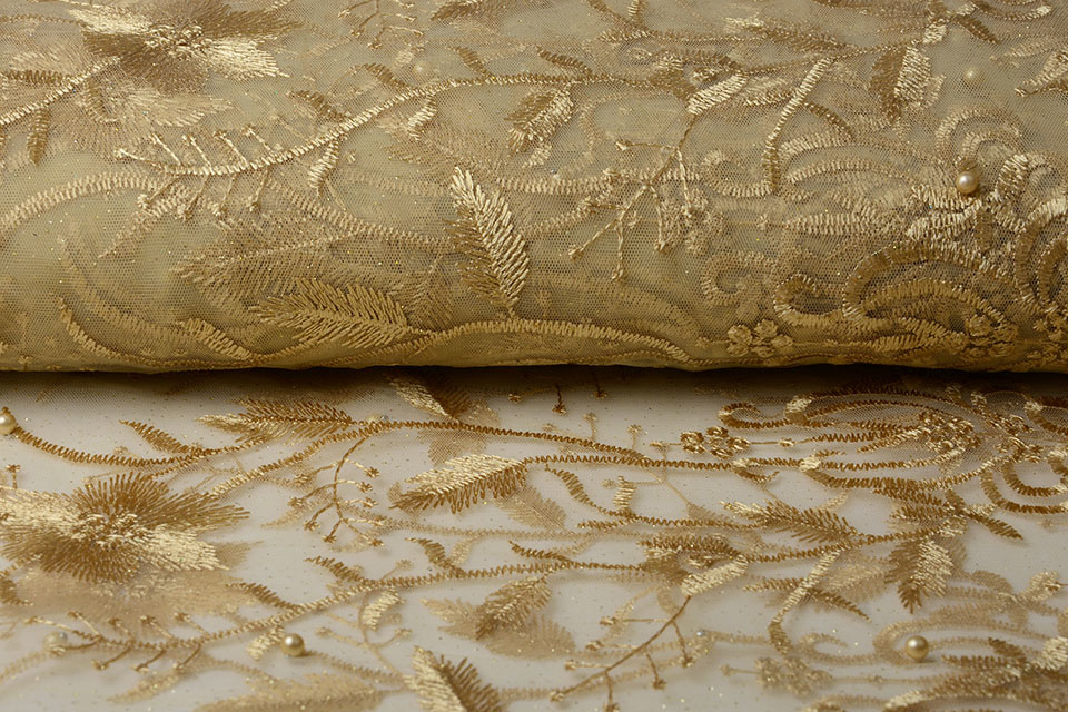 Mesh Embroidered Pearl Charlot Gold