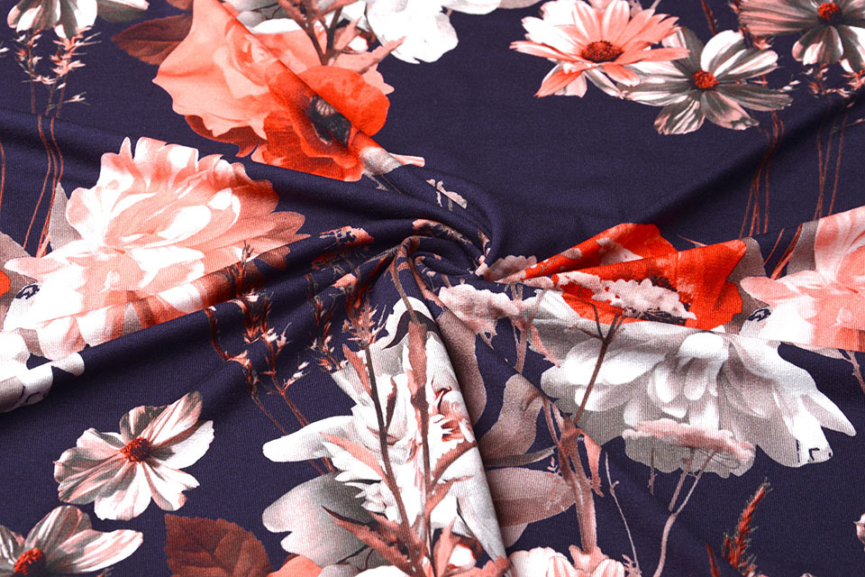 Cotton Jersey Digital Red Flowers Marine