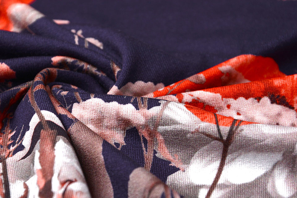 Cotton Jersey Digital Red Flowers Marine