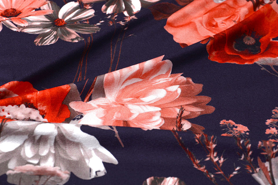 Cotton Jersey Digital Red Flowers Marine