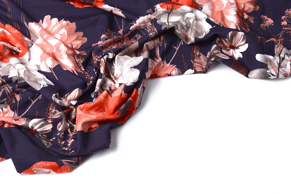 Cotton Jersey Digital Red Flowers Marine