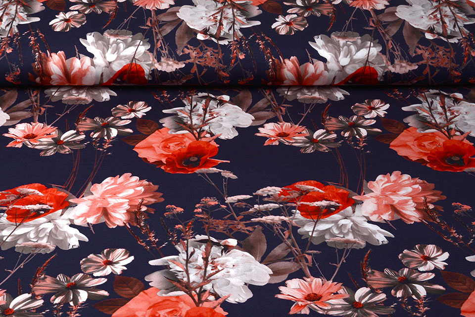 Cotton Jersey Digital Red Flowers Marine
