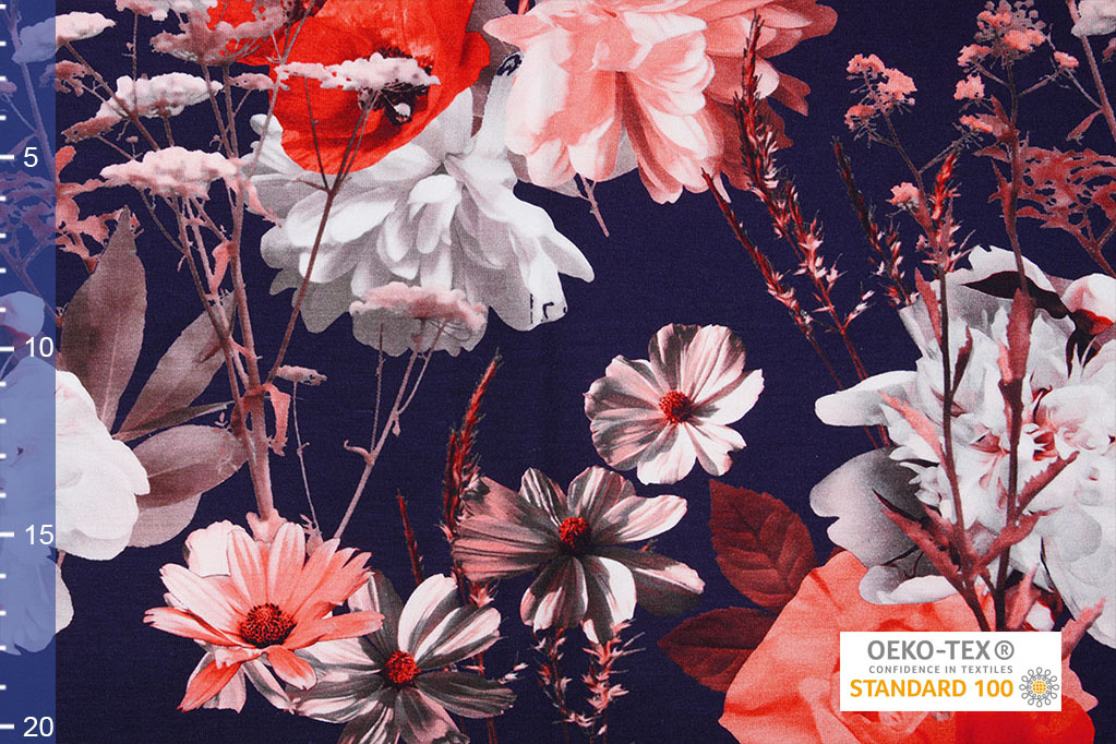 Cotton Jersey Digital Red Flowers Marine