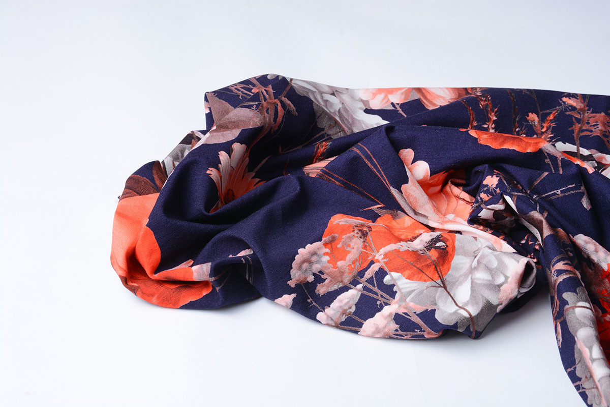 Cotton Jersey Digital Red Flowers Marine