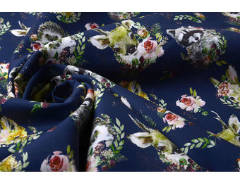 100% Digital Cotton Forest animals Flowers Navy