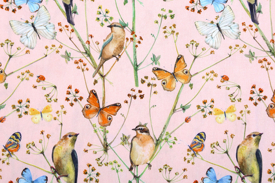 100% Digital Cotton Butterfly garden Powder Pink