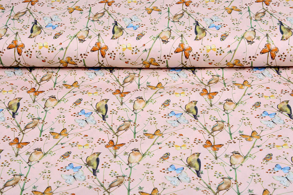 100% Digital Cotton Butterfly garden Powder Pink