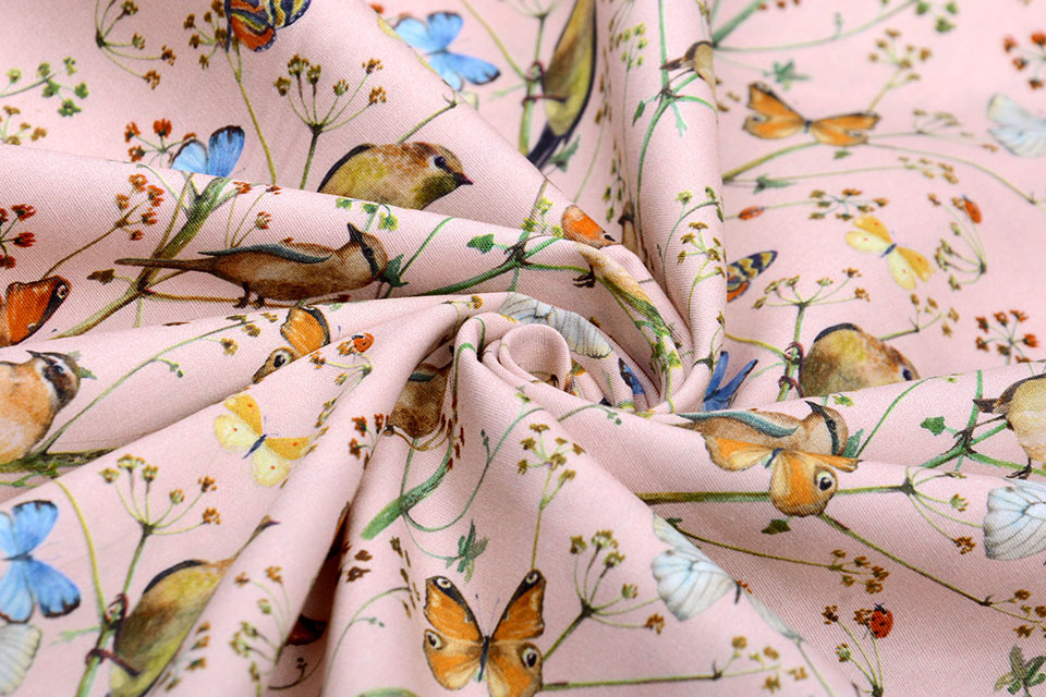100% Digital Cotton Butterfly garden Powder Pink