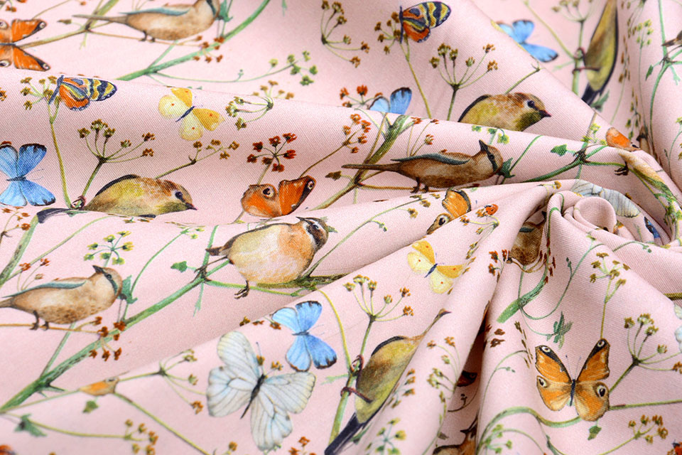 100% Digital Cotton Butterfly garden Powder Pink
