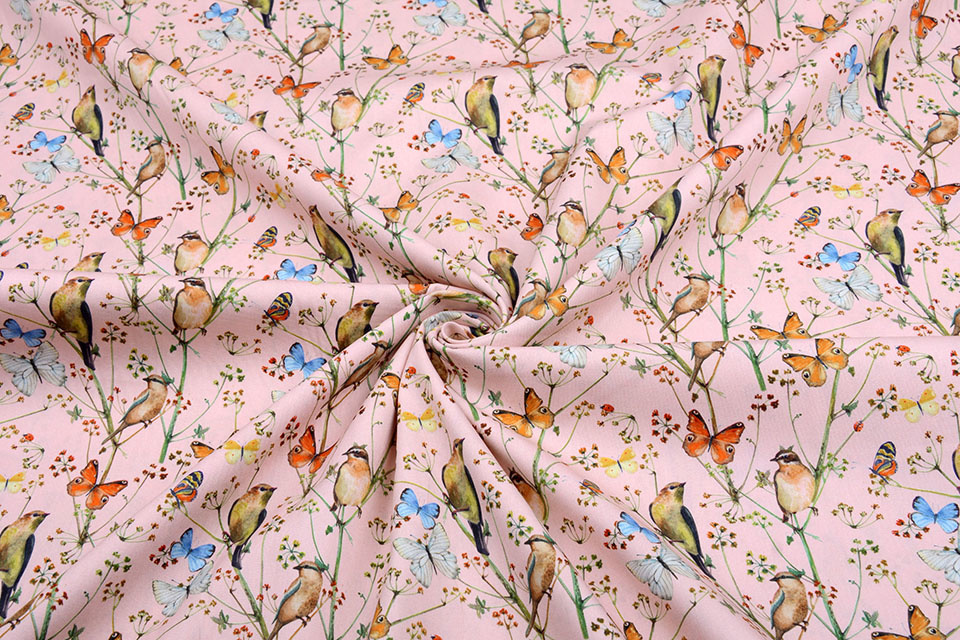 100% Digital Cotton Butterfly garden Powder Pink