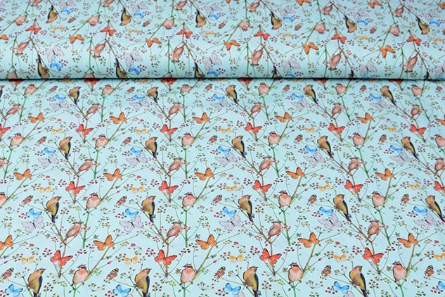 100% Digital Cotton Butterfly Garden Light Blue