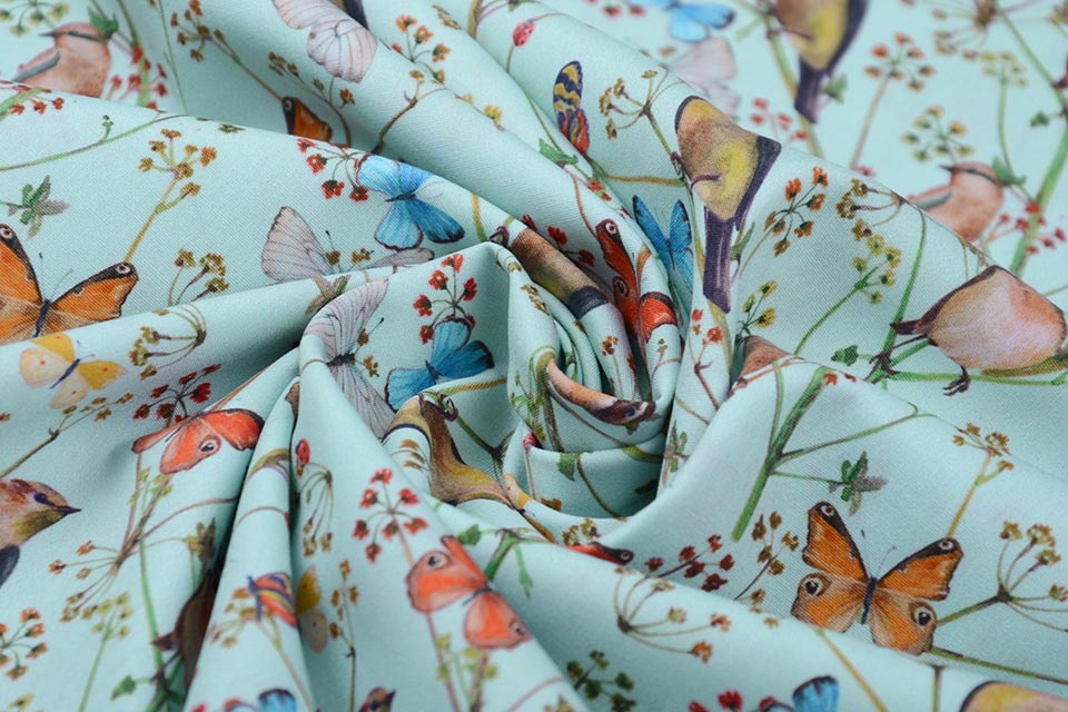 100% Digital Cotton Butterfly Garden Light Blue