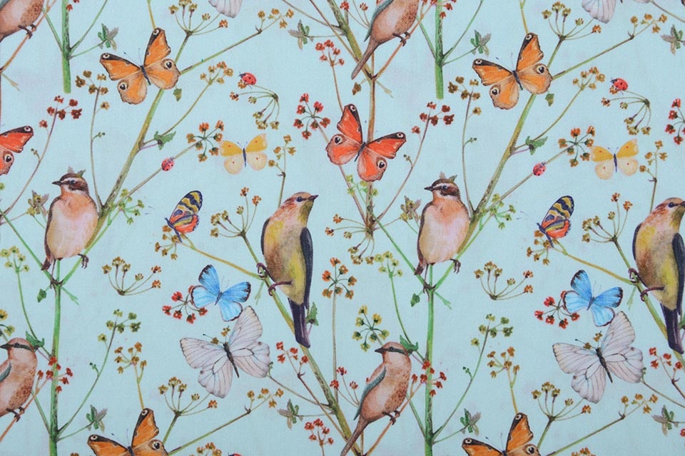 100% Digital Cotton Butterfly Garden Light Blue